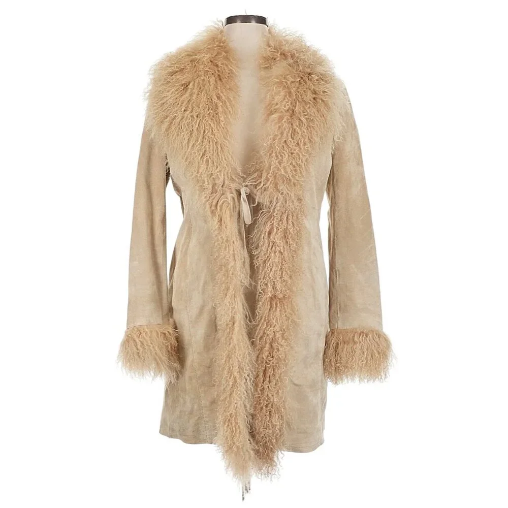 Vtg Y2K Raffaelo Beige Leather Penny Lane Afghan Shearling Coat | Cottagecore XL - Picture 1 of 9
